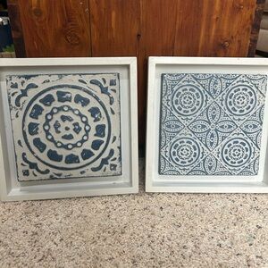 Set of Two Pier 1 Framed 10” x 10” x 1.25” Blue and White Stone Art